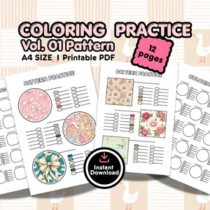 Coloring Pattern Practice Vol. 1, 12 Page Printable PDF, Color Swatch Template for Markers, Aesthetic Bows & Flowers Shading Sheets image 1