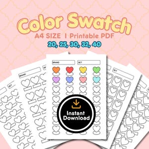 Pode incluir: Folhas de amostra de cores imprimíveis em tamanho A4 com desenhos de coração. As folhas incluem espaços para informações de marca e conjunto, com o texto "Color Swatch" e "Instant Download". Os tamanhos disponíveis são 20, 25, 30, 32 e 40.