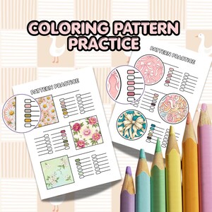 May include: Two sheets of "Pattern Practice" colouring pages with floral and bow designs, and a set of coloured pencils. The pages have areas for colour practice and the text "Coloring Pattern Practice".