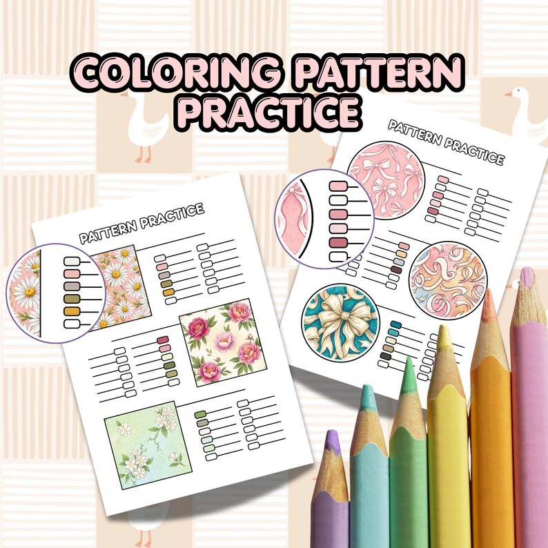 May include: Two sheets of "Pattern Practice" colouring pages with floral and bow designs, and a set of coloured pencils. The pages have areas for colour practice and the text "Coloring Pattern Practice".