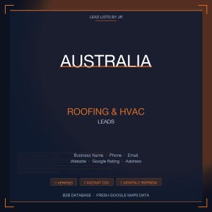 Op de afbeelding: Donkerblauwe afbeelding met het woord "AUSTRALIA" in het wit. Daaronder staat "ROOFING & HVAC LEADS". Extra tekst bevat "Bedrijfsnaam, Telefoon, E-mail, Website, Google Beoordeling, Adres". Knoppen: "VERIFIEERD, DIRECTE CSV, MAANDELIJKSE VERVERSING".