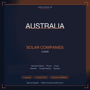 Op de afbeelding: Donkerblauwe afbeelding met het woord "AUSTRALIA" in het wit. Daaronder staat "SOLAR COMPANIES LEADS". Extra tekst bevat "Business Name, Phone, Email, Website, Google Rating, Address". Knoppen tonen "VERIFIED", "INSTANT CSV" en "MONTHLY REFRESH".