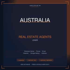 Op de afbeelding: Een donkerblauwe afbeelding met de tekst "AUSTRALIA" in het wit. Daaronder staat "REAL ESTATE AGENTS LEADS". Extra tekst bevat "Business Name, Phone, Email, Website, Google Rating, Address". Knoppen tonen "VERIFIED", "INSTANT CSV" en "MONTHLY REFRESH".