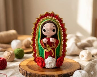 Handmade Virgen de Guadalupe Crochet Doll, Amigurumi Religious Decor