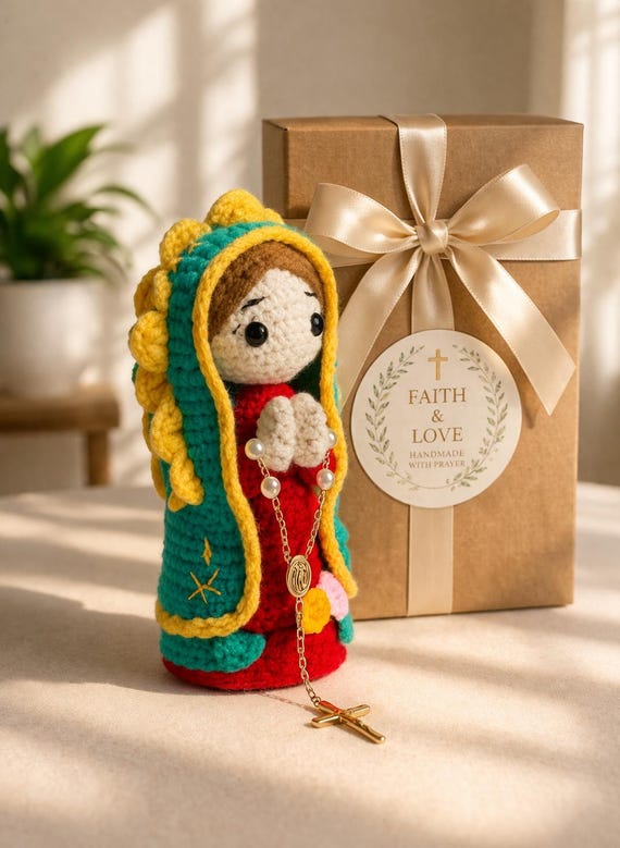Handmade Crochet Our Lady of Guadalupe Doll - Amigurumi Virgen de Guadalupe Statue with Pearl Rosary & Cross-Catholic Gifts, Spiritual Decor