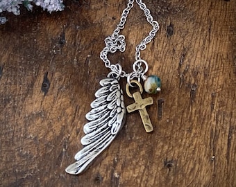 Wing necklace Angel wing necklace Wing cross necklace Rustic wing necklace Mixed metal necklace Layering necklace Wing and prayer Boho jewel