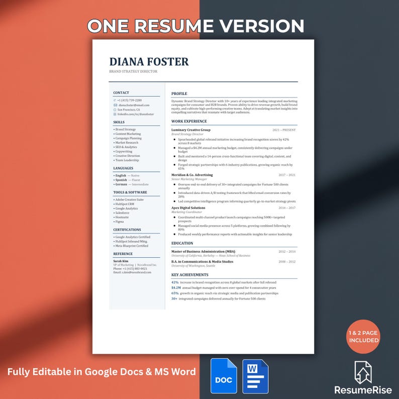 ATS Friendly Resume Template: Google Docs, Word Professional CV ...