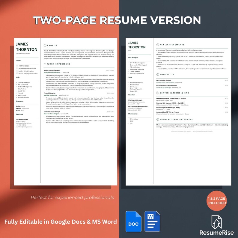 ATS Friendly Resume Template Google Docs Word Professional CV Cover ...