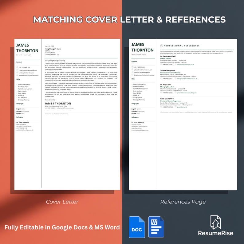 ATS Friendly Resume Template Google Docs Word Professional CV Cover ...