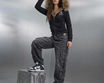 Y2K Grunge Fur Trim Hooded Jacket, Gothic Aesthetic Zip Up Hoodie, Alt Fashion Streetwear, Harajuku Leopard Print Lining Coat F68