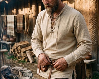 Linen Viking Tunic for Medieval Ren Faire, Breathable Pirate Costume Shirt, Artisan LARP Fantasy Tunic, Durable Tapered Lace-Up Top F372