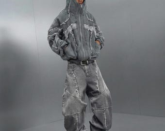 Gescheurde patchwork baggy jeans, Y2K streetwear oversized broek, cyberpunk Harajuku esthetiek denim, grunge punk wijde pijpen broek F234