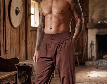 Pantalones renacentistas de algodón hechos a mano para hombre, pantalones medievales vikingos para cosplay con puños con cordones, disfraz transpirable de primera calidad para feria renacentista F336
