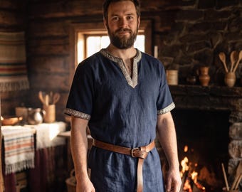Handmade Linen Viking Tunic - Embroidered Medieval Celtic Tunic for Ren Fair Outfit, Breathable Folk Costume, Premium Artisan Tunic Men F335