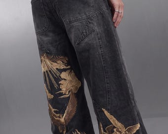 Y2K Embroidered Baggy Jeans, Harajuku Graphic Wide Leg Pants, Streetwear Angel Wing Trousers, Oversized Aesthetic Hip Hop Bottoms F138