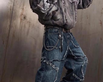 Baggy Jeans mit Sternen-Patchwork-Muster, Grunge-Hose im Y2K-Stil, Streetwear-Denim mit offenen Kanten, Harajuku Hip-Hop-Hose F253
