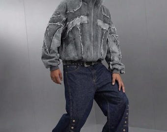 Set bestaande uit een hoodie met rits en wijde pijpen met knoopsluiting in een stoere streetwear-stijl, oversized baggy kleding in cyber Y2K-stijl F233