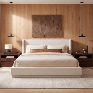 Modern Upholstered Platform Bed Frame, Queen King Bed, Bed with Wingback Headboard, Fully Wrapped Base, Minimalist Bedroom Furniture