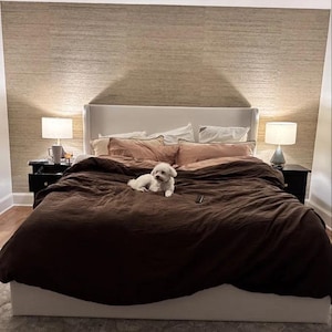 May include: A white upholstered bed frame with a dark brown duvet cover and two dusty rose pillows. A small white dog sits in the center of the bed. Two black nightstands with white lamps are positioned on either side of the headboard.