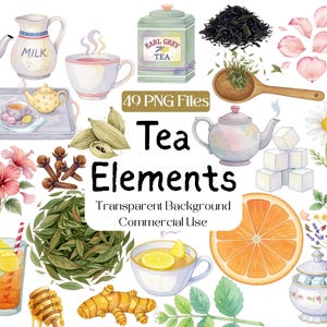 Op de afbeelding: Waterverfillustratie van thee-elementen, waaronder theepotten, theezakjes, kopjes en ingrediënten zoals gember, honing en sinaasappelschijfjes. De afbeelding bevat de tekst "Tea Elements" en "49 PNG Files". De stijl is handgeschilderd met een transparante achtergrond.