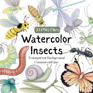 Może przedstawiać: Akwarelowe ilustracje różnych owadów, w tym pszczoły, motyla, ważki i robaka. Obraz zawiera tekst "Watercolor Insects" i "23 PNG Files". Owady są malowane na przezroczystym tle do użytku komercyjnego.