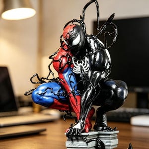May include: A detailed figurine of Spider-Man merged with Venom. The figure is in a crouching position, with the red and blue Spider-Man suit on one side and the black Venom symbiote on the other. Black tendrils wrap around the figure, adding a dynamic effect.