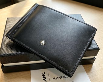 Montblanc Black Leather Money Clip Wallet | Slim Bifold Card Holder for Men