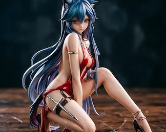 Figura de Texas de Arknights, estatua de anime de chica lobo con vestido rojo