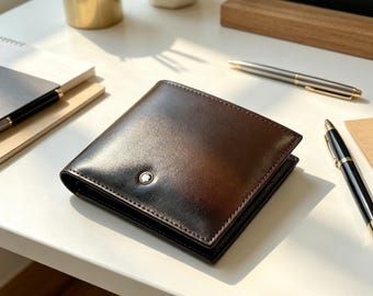 Cartera plegable de piel marrón Montblanc / Tarjetero de lujo para hombre en piel de becerro lisa
