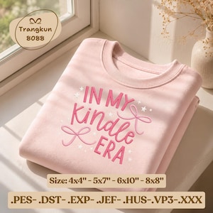 In My Kindle Era Embroidery Design | Bookish Ribbon Bow Machine Embroidery File | PES DST JEF Digital Download | Cute Coquette Reader Art
