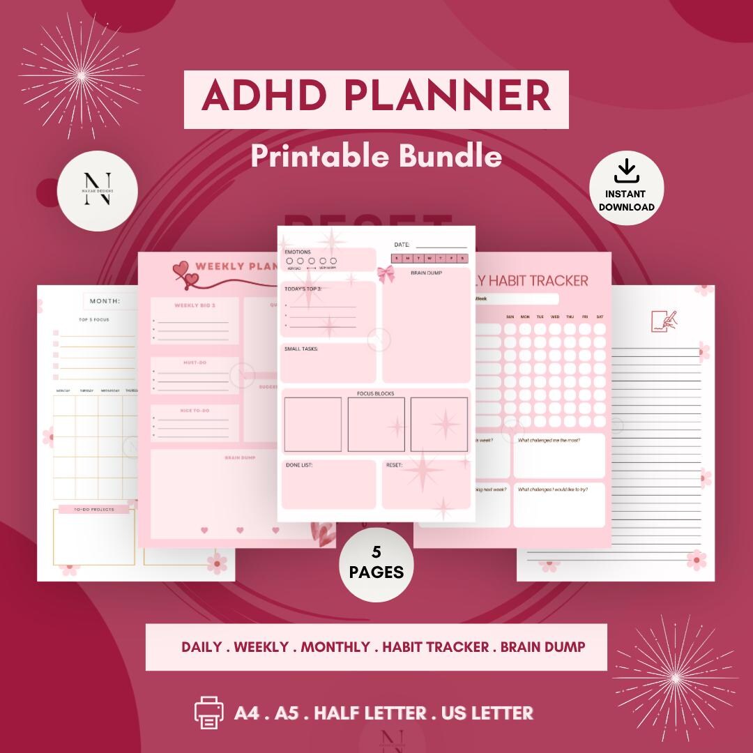ADHD Printable Planner Bundle | Daily Weekly Monthly Habit Tracker ...