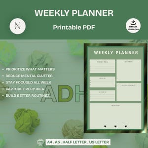 May include: A green weekly planner printable PDF template featuring sections for weekly big 3, quick wins, must-do, success statement, nice-to-do, and brain dump. The layout includes three heart icons at the bottom and supports A4, A5, half letter, and US letter sizes.