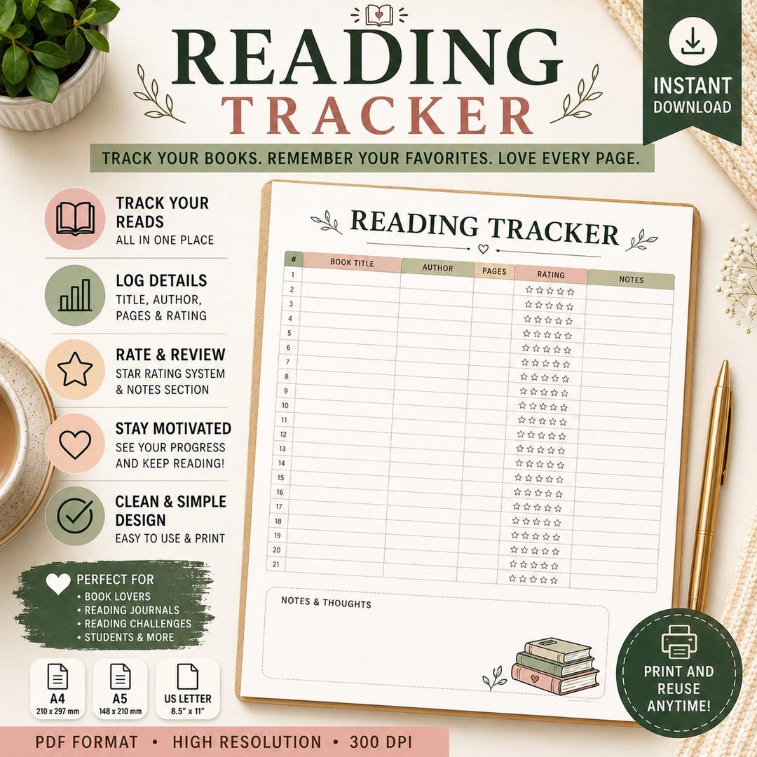 Reading Tracker Printable | Book Log Journal Sheet (digital Download ...