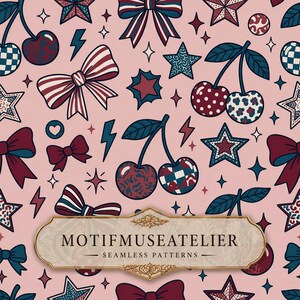 May include: A repeating pattern featuring cherries, bows, stars, and lightning bolts in red, blue, and white on a pink backdrop. The design includes the text "MOTIFMUSEATELIER - SEAMLESS PATTERNS" within a decorative banner.