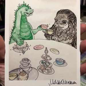 Godzilla and King Kong tea party print