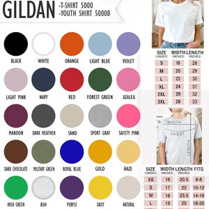 May include: A colour chart for Gildan T-shirts and Youth shirts, showcasing various colours like black, white, orange, light blue, and violet. Size and fit information is included, with measurements in inches (1 inch = 2.54 cm).