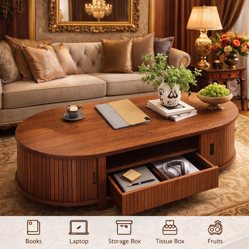 Oval Fluted Coffee Table Sliding Door Storage Mid Century Modern Living ...