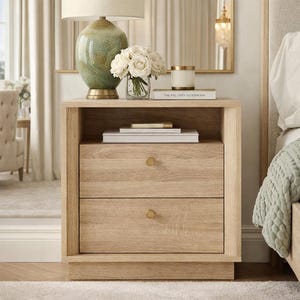 May include: A light oak nightstand with two drawers and gold-colored knobs. The nightstand has an open shelf and is topped with a lamp, flowers, and books. The lamp has a green and gold base and a cream-colored shade.