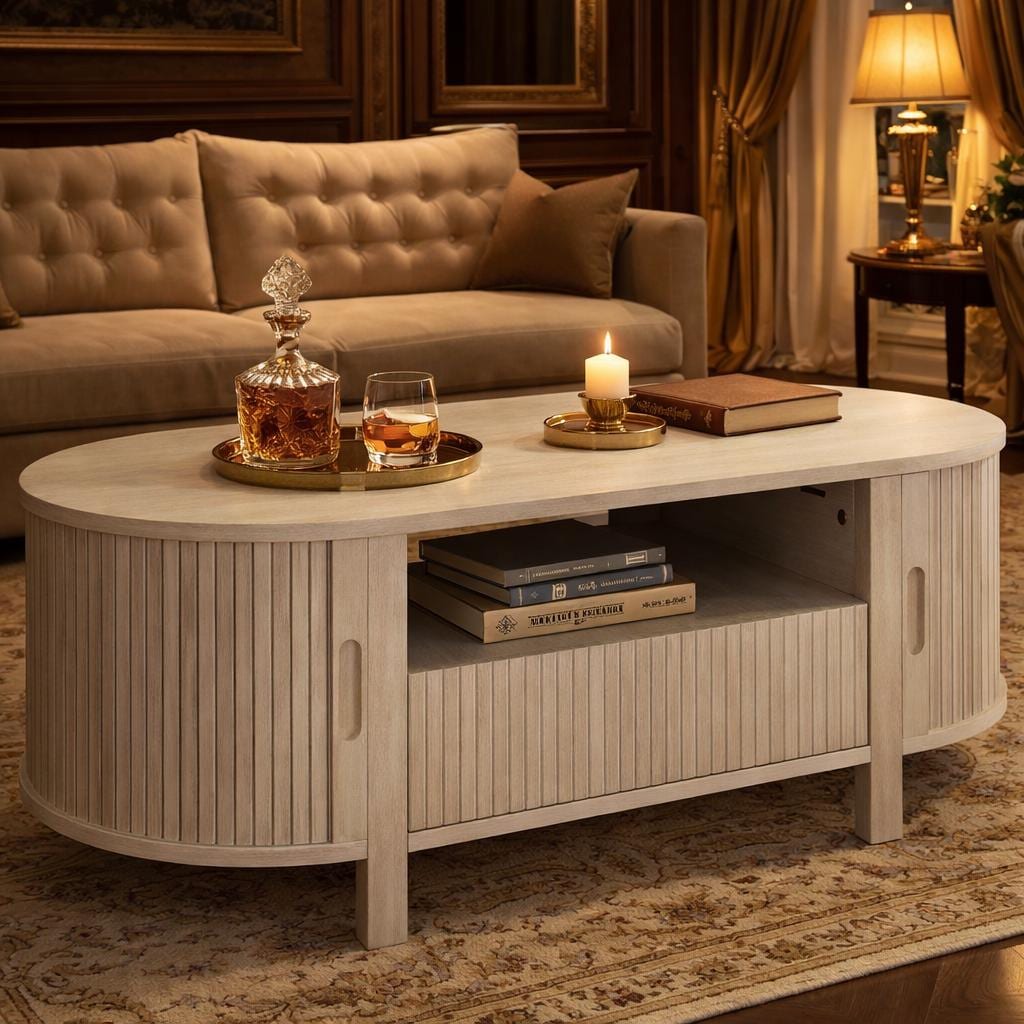 Oval Fluted Coffee Table Sliding Door Storage Mid Century Modern Living ...