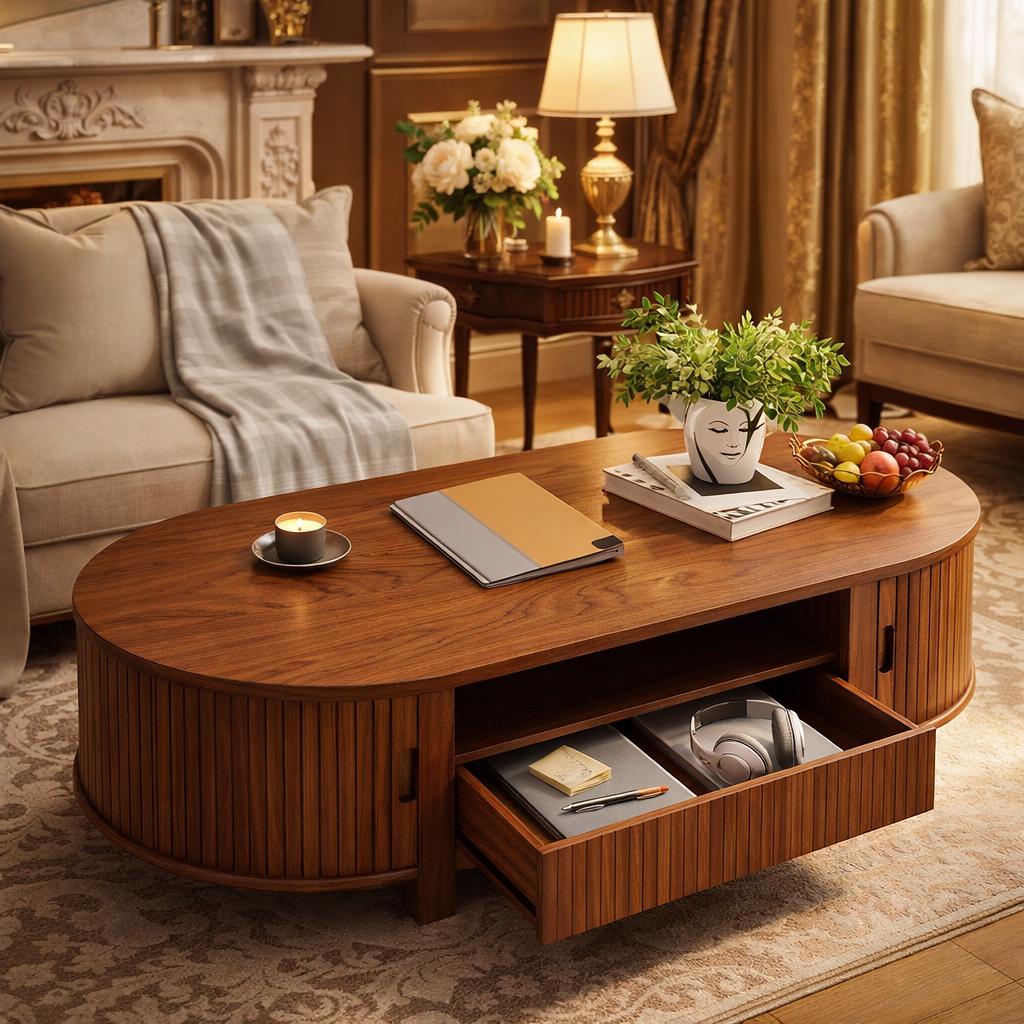 Oval Fluted Coffee Table Sliding Door Storage Mid Century Modern Living ...