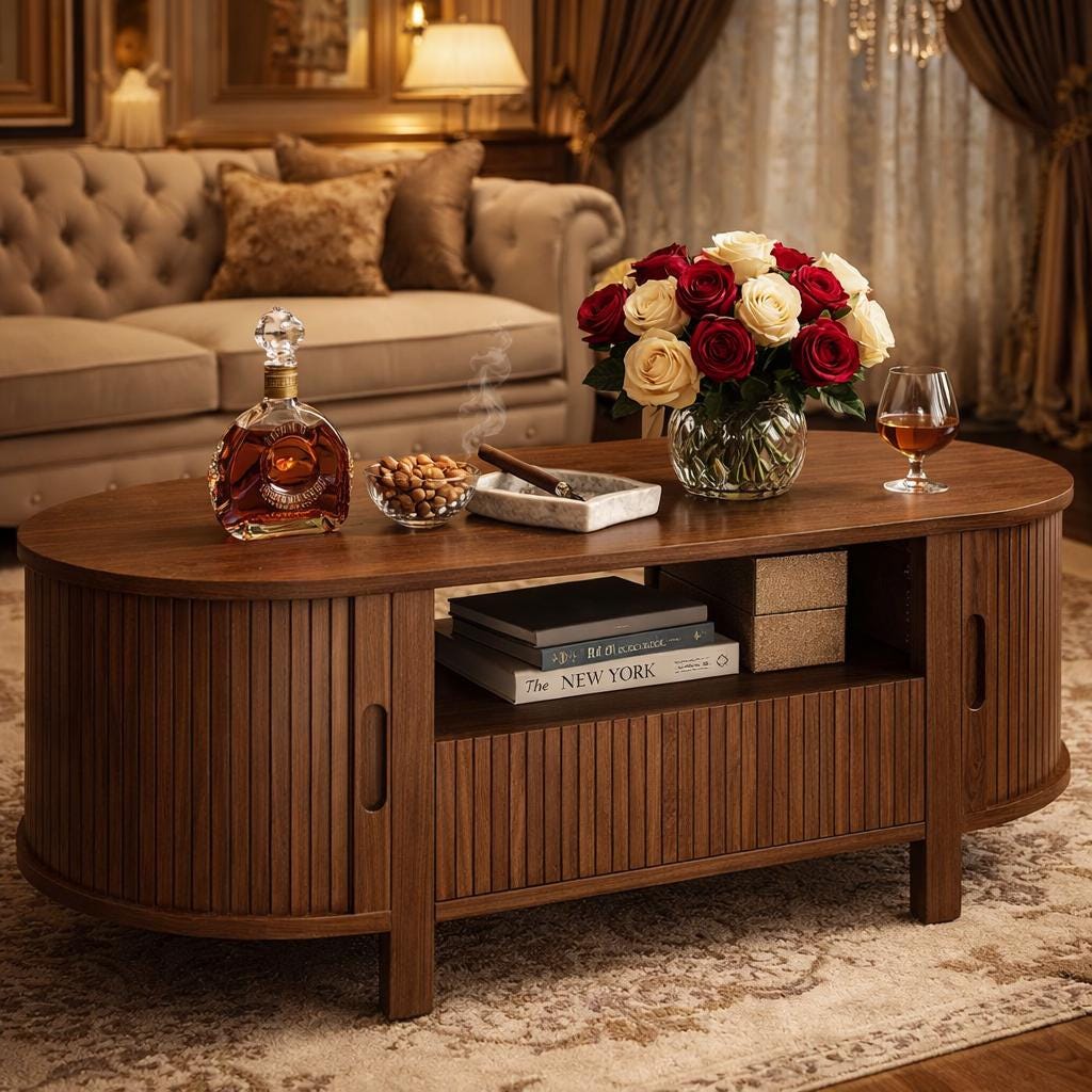 Oval Fluted Coffee Table Sliding Door Storage Mid Century Modern Living ...