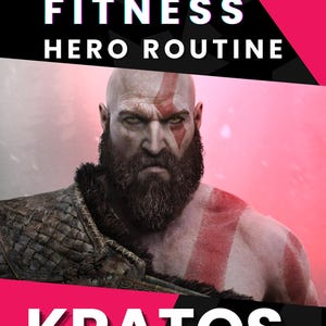 Puede incluir: Imagen promocional para una rutina de fitness. La imagen presenta a un hombre calvo con barba y marcas rojas en la cara y el cuerpo. El texto en la parte superior dice "FICTIVE FITNESS HERO ROUTINE" y el texto en la parte inferior dice "KRATOS".