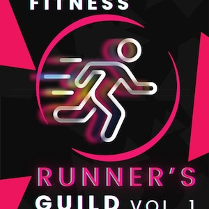 May include: A black graphic design with the words "FICTIVE FITNESS" in white and pink. A white outline of a running figure is in the centre, surrounded by a pink circle and streaks of colour. The text "RUNNER'S GUILD VOL. 1" is at the bottom.