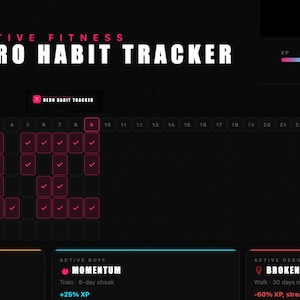 Op de afbeelding: Een digitale habit tracker met een donkere achtergrond. De tracker toont de tekst "FICTIVE FITNESS HERO HABIT TRACKER" en "APRIL 2026". Het bevat habit categorieën zoals "Train", "Read / Study", "Sleep Thrs+", "Write" en "Walk".