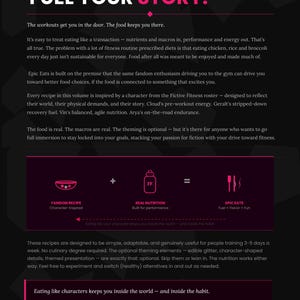 Puede incluir: Gr&aacute;fico digital con el texto "FUEL YOUR STORY" en blanco y rosa. La imagen promociona recetas de fitness, con secciones sobre recetas de fandom, nutrici&oacute;n real y comidas &eacute;picas. Tambi&eacute;n se muestra el sitio web fictivefitness.substack.com.
