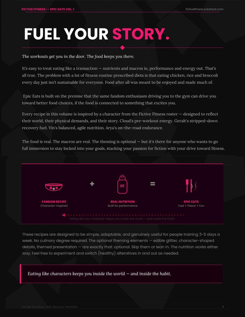 Puede incluir: Gr&aacute;fico digital con el texto "FUEL YOUR STORY" en blanco y rosa. La imagen promociona recetas de fitness, con secciones sobre recetas de fandom, nutrici&oacute;n real y comidas &eacute;picas. Tambi&eacute;n se muestra el sitio web fictivefitness.substack.com.