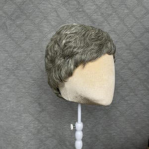 May include: A short, layered wig featuring a blend of salt-and-pepper gray and white hair tones. The hair is styled with a textured, wavy appearance and is displayed on a beige, featureless mannequin head mounted on a white adjustable stand.