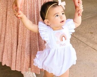 LIZZIE boho rainbow 1st birthday white ruffle BUBBLE romper