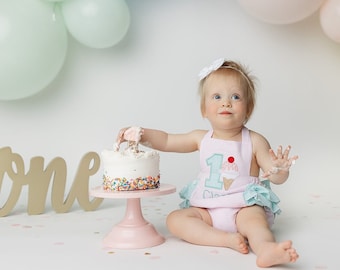 HALEY PASTEL pink and mint ice cream 1st birthday seersucker romper 1st birthday ice cream outfit pink mint ruffle sunsuit ice cream sunsuit