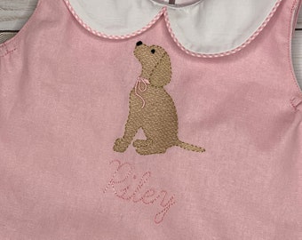 FRANCES twin girls pink lab dog dress vintage style classic linen swing top or dress with vintage stitch dog puppy embroidery